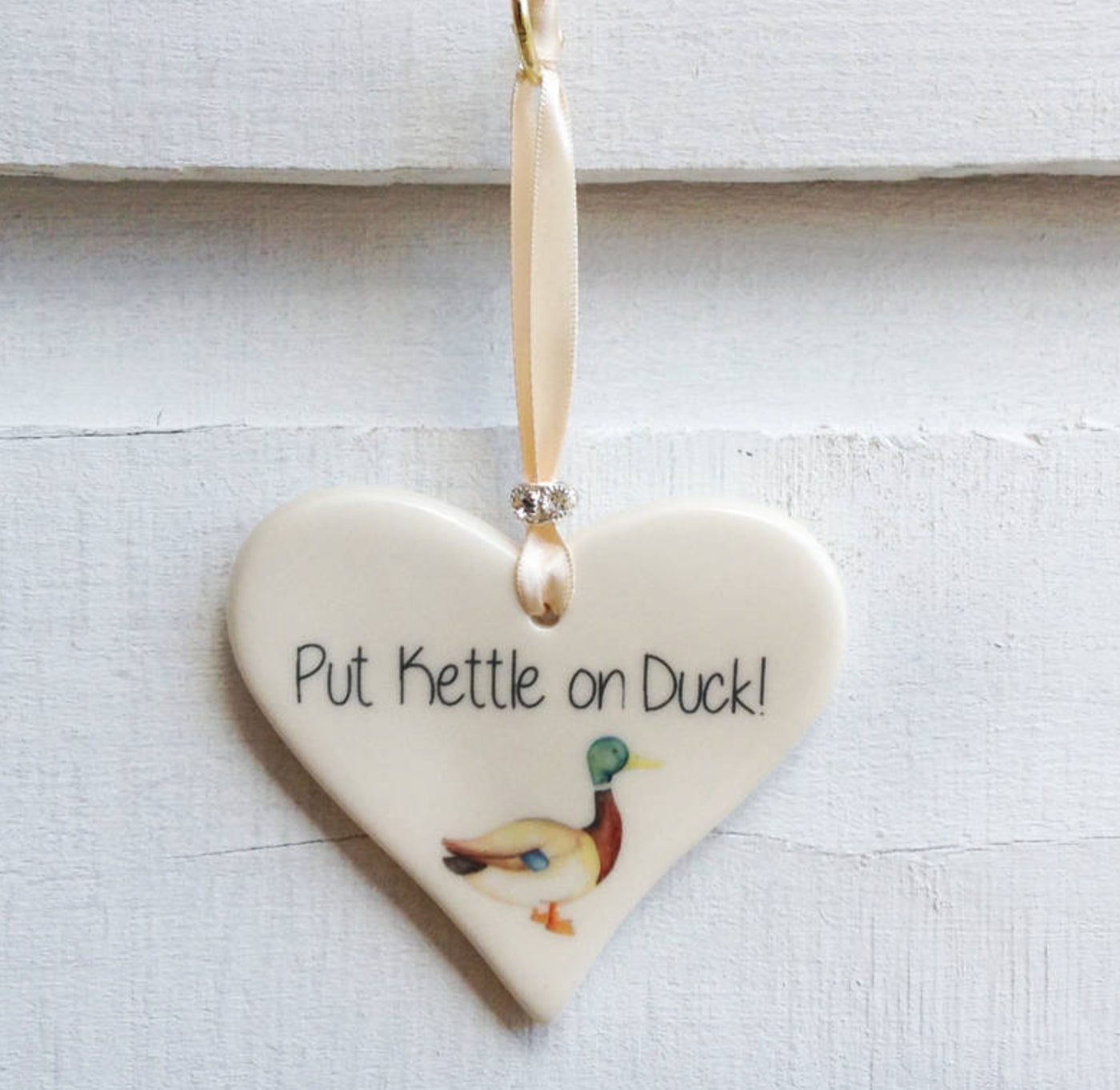 Dimbleby Ceramics LARGE Sentiment Hanging Heart - Put Kettle on Duck