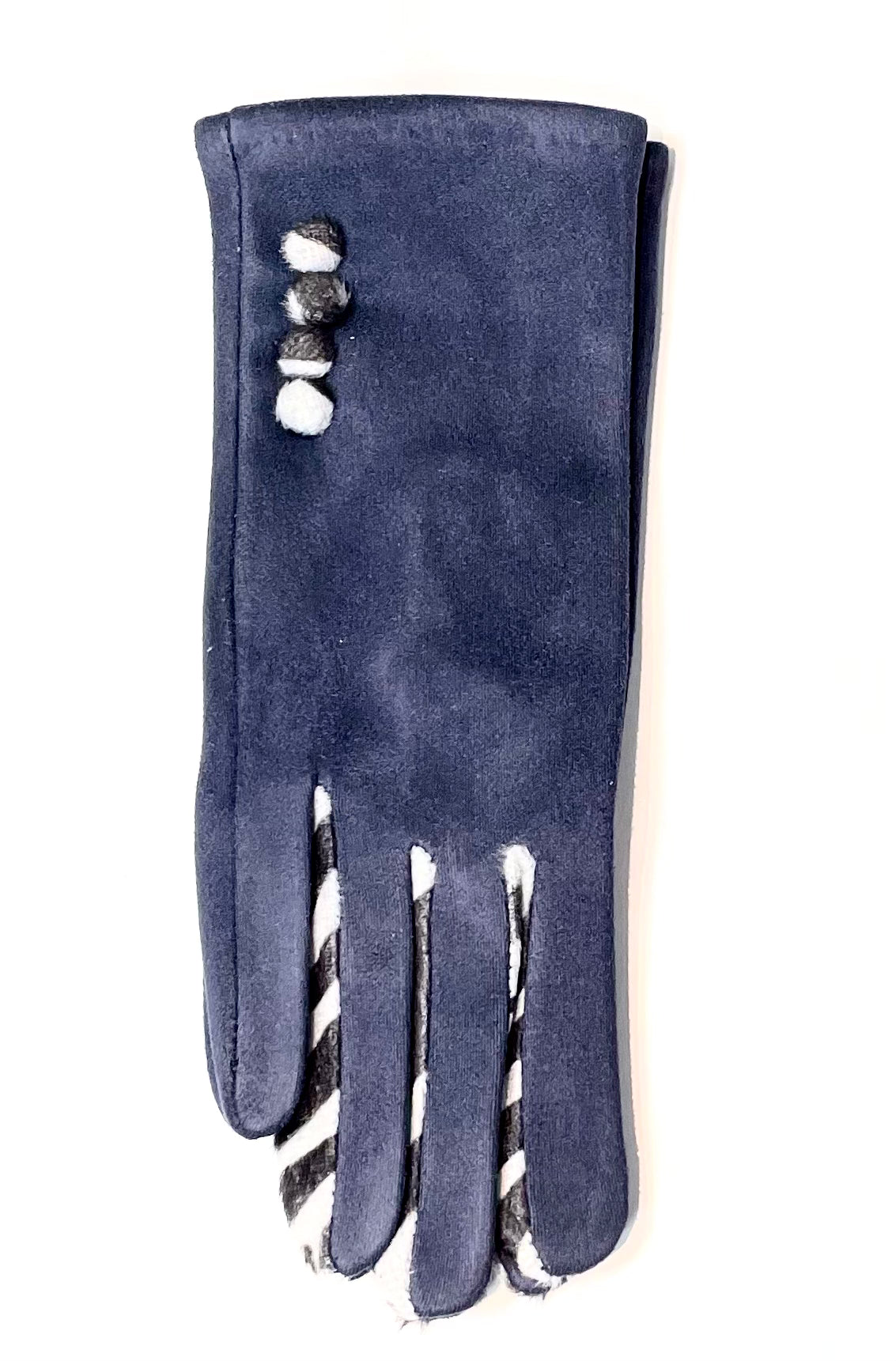 Butterfly Navy Blue Faux Suede Gloves with Zebra Print Detail