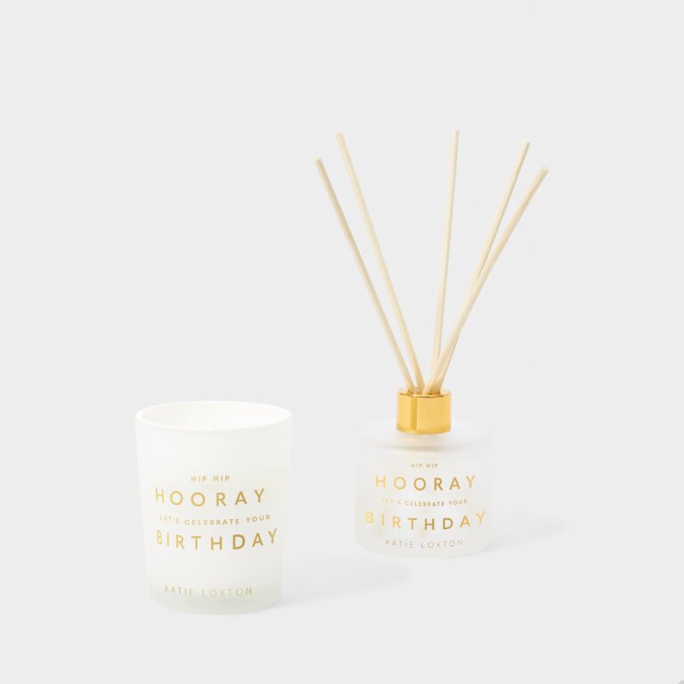 Katie Loxton Sentiment Candle & Reed Diffuser Gift Set 'Hip Hip Hooray Let's Celebrate Your Birthday' - Champagne & Sparkling Berry