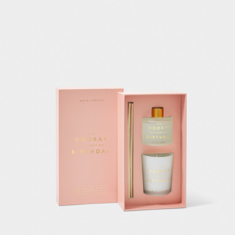 Katie Loxton Sentiment Candle & Reed Diffuser Gift Set 'Hip Hip Hooray Let's Celebrate Your Birthday' - Champagne & Sparkling Berry