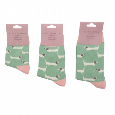 GIRLS Bamboo Kids Ankle Socks - Sausage Dogs - Mint