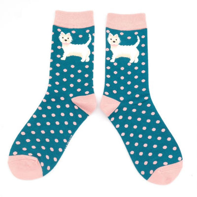 Miss Sparrow Bamboo Ankle Socks - Westie Dog - Teal