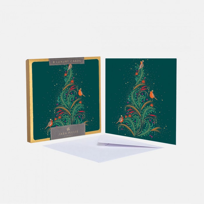 Sara Miller by The Art File - Robin Tree Green PACK of 8 Luxury Boxed Christmas Cards