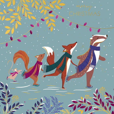 Sara Miller by The Art File - Ice Skating Forest Animals PACK of 8 Luxury Boxed Christmas Cards