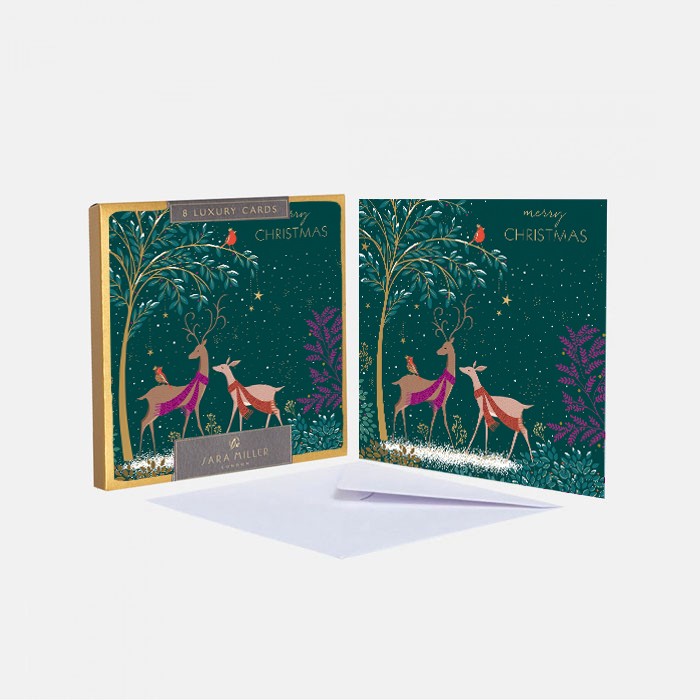 Sara Miller by The Art File -  2 Deer & Robin PACK of 8 Luxury Boxed Christmas Cards
