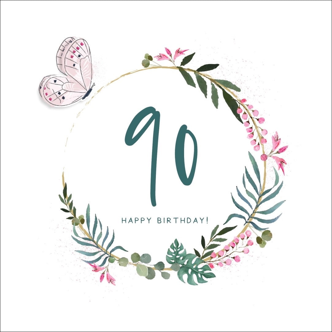 90 Happy Birthday Floral Butterfly Card