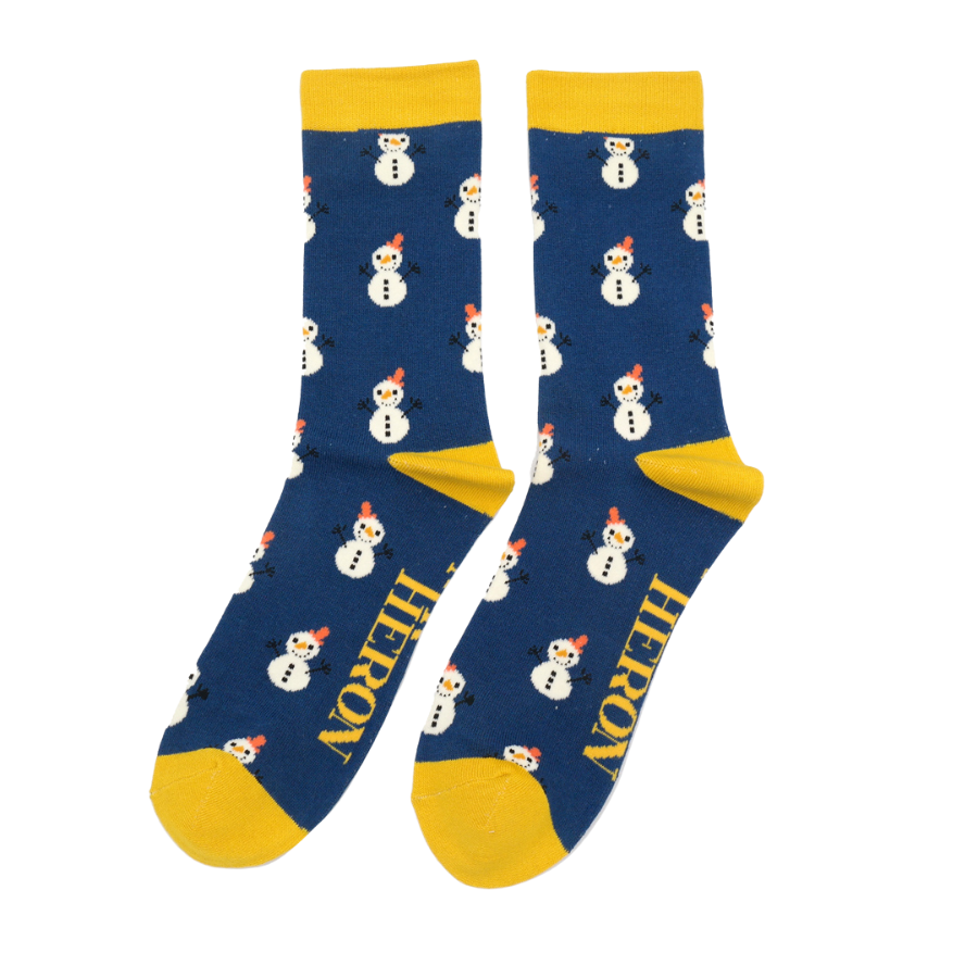 Mr Heron MENS Bamboo Ankle Socks - Little Snowmen - Navy Blue