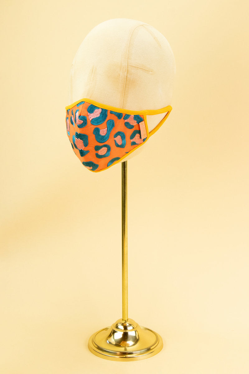 Powder Embroidered Face Covering - Coral Leopard