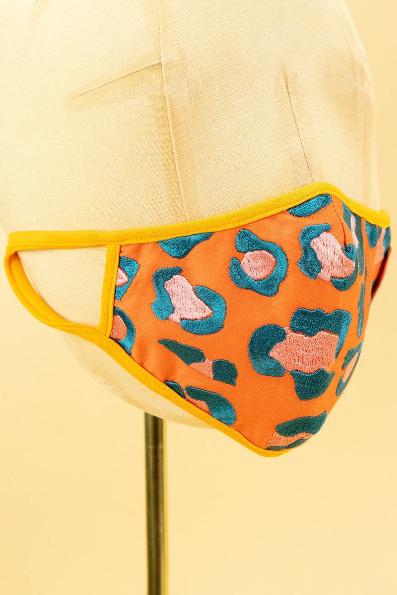 Powder Embroidered Face Covering - Coral Leopard
