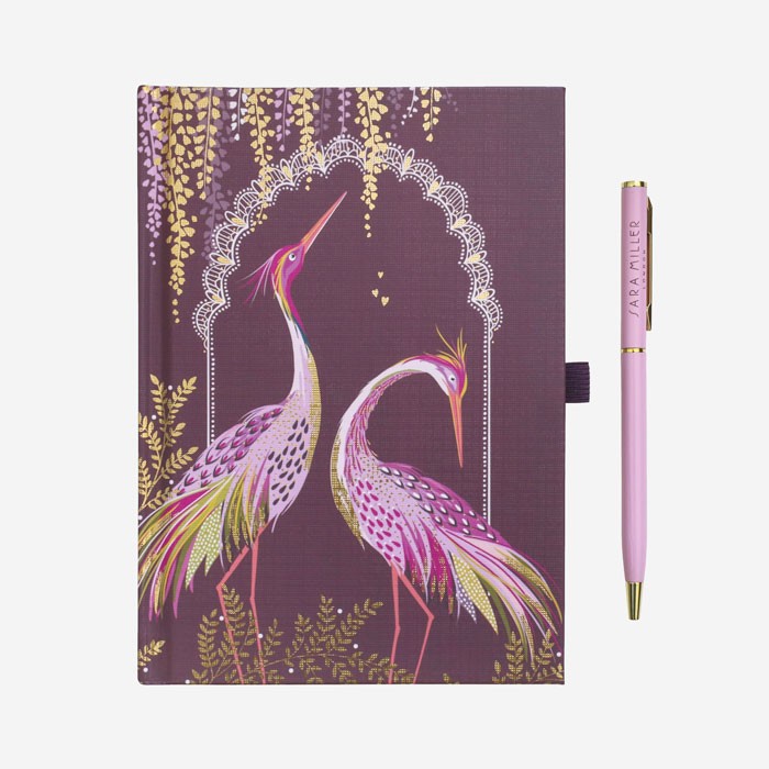 Sara Miller Plum Dancing Cranes B6 Notebook & Pen
