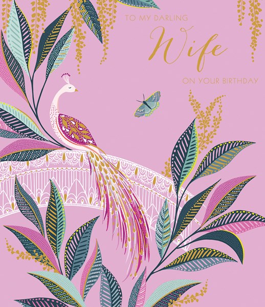Sara Miller by The Art File - Wife Pink Peacock Large Birthday Card