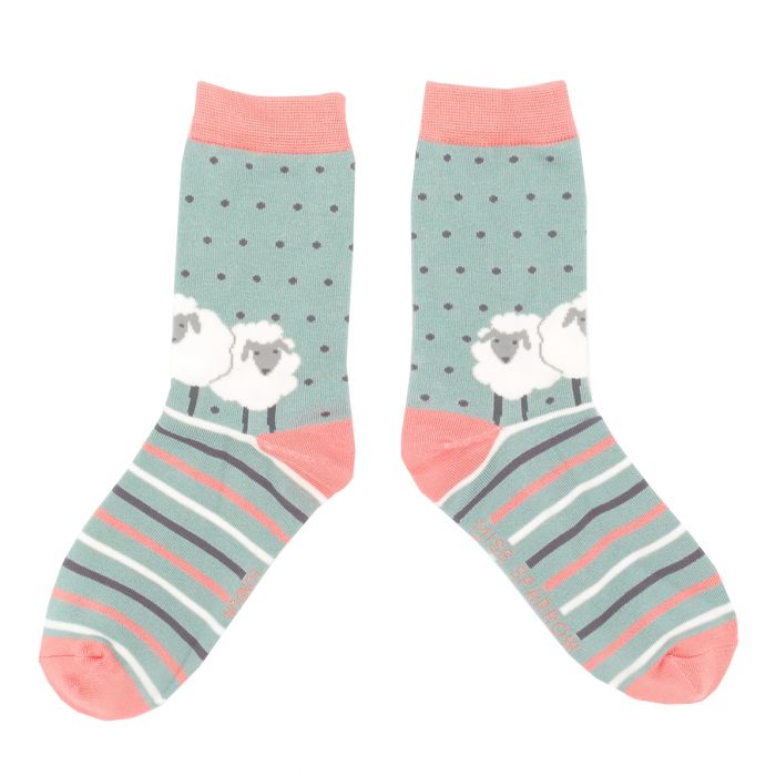 Miss Sparrow Bamboo Ankle Socks - Sheep Friends Stripe - Aqua