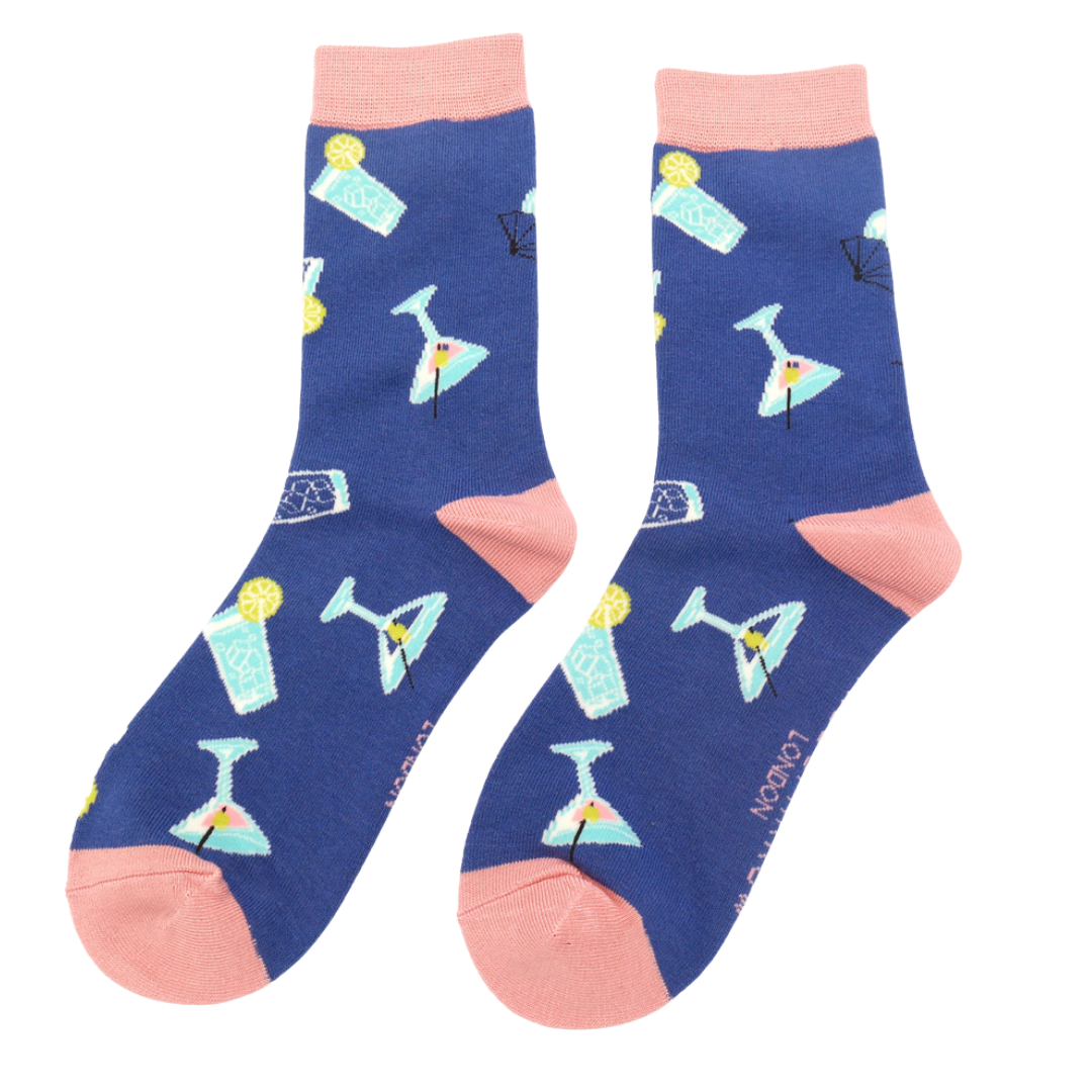 Miss Sparrow Bamboo Ankle Socks - Cocktails - Denim Blue