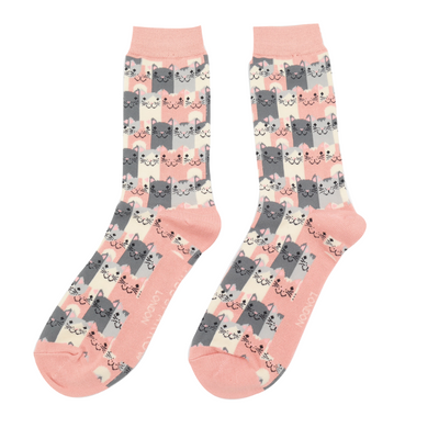 Miss Sparrow Bamboo Ankle Socks - Happy Cats - Pink