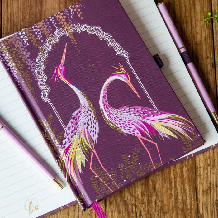 Sara Miller Plum Dancing Cranes B6 Notebook & Pen
