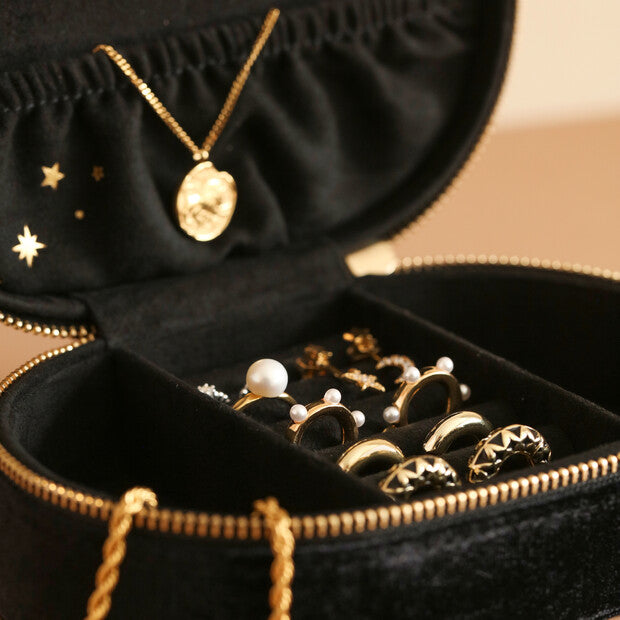 Lisa Angel Black Velvet Moon & Stars Oval Travel Jewellery Box